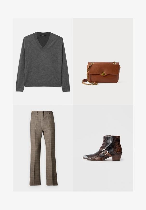 Hallikas V-kaelusega kampsun pikkade varrukatega, valmistatud pehmest materjalist. Omab soonikuga ääre- ja varrukaosi, ühtlane tekstuur ilma mustriteta.; Pruunist ruudulisest kangast püstise sääremuudega püksid, millel on tekstureeritud kangas ja peened beeži ning tumedamate pruunide tooni mustrid.; Mustade ja pruunide käärmelihvitud ankle boots'ide värvid, millel on hõbedane varbakaitse, nööbiga aksent ja madal puidust konts. Sile tekstuur, sobiv disain.; Pruunist nahast risti keha kott klapiga kinnitusega, kuldsetest detailidest ja ahelaga rihmast. Sile tekstuur, ristkülikukujuline kuju, minimaalsete detailidega.