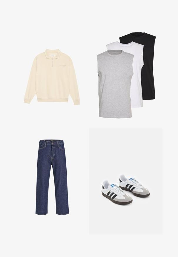 Pullover bege com colarinho de fecho, feito de um tecido suave. Apresenta punhos canelados e um detalhe bordado subtil no peito. Design de corte reto.; Três t-shirts sem mangas em cinza, branco e preto. Material de algodão macio com decote redondo e corte descontraído. Design simples, sem padrões.; Jeans de ganga azul escuro com corte reto, design de cinco bolsos, fecho com botão metálico e costura em contraste, apresentando uma textura subtil.; Ténis desportivos com um cabedal em pele branca, biqueira em camurça cinza e três riscas pretas. Apresenta um logo azul na língua e uma sola de borracha texturizada.