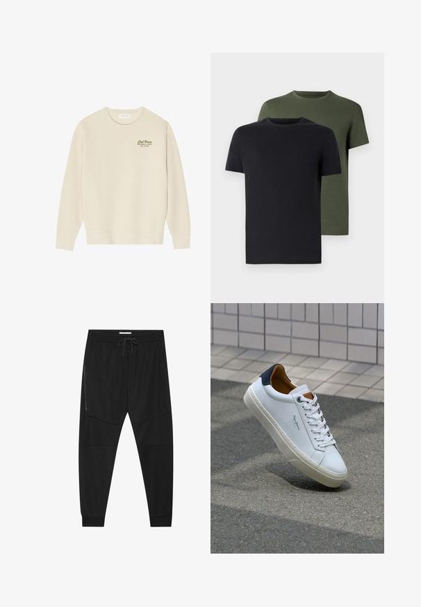 Bež majica s okruglim izrezom, dugim rukavima i rebrastim rubom. Na prsima se nalazi zeleni natpis "Club House Miami Beach, Florida".; Dva majica s okruglim izrezom u crnoj i maslinastoj boji, napravljena od mekanog pamučnog materijala. Dizajn je jednostavan s kratkim rukavima i ravnim krojem.; Crne sportske hlače od teksturirane tkanine, s podesivim pojasom, bočnim džepom sa zatvaračem i suženim manžetama.; Bijela kožna tenisica s mornarskom petom, okruglim vrhom i kontrastnim smešnim akcentima. Sadrži ravne vezice i teksturiranu gumenu potplat.