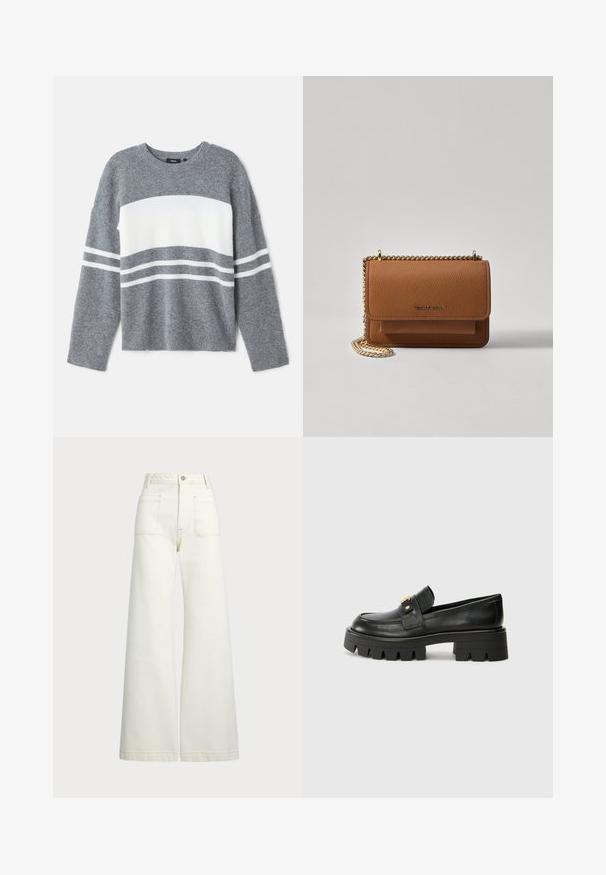 Gray sweater with a white horizontal stripe, featuring ribbed cuffs and a round neckline. Made of soft textured material.; Wide-leg jeans in off-white denim. High-waisted design with a button closure, two front pockets, and contrast stitching details.; Black leather loafers with a chunky sole, featuring a gold-tone accent on the front and a smooth finish. Chunky tread design on the sole.; Brown textured leather crossbody bag with gold chain strap and flap closure. Front features logo detail and a pocket under the flap.