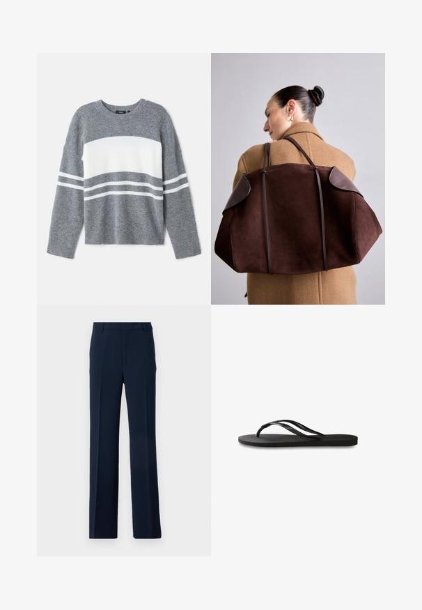 Szary sweter z białym poziomym paskiem, z elastycznymi mankietami i okrągłym dekoltem. Wykonany z miękkiego, teksturowanego materiału.; Granatowe spodnie z gładkiego materiału, o prostym kroju nogawki, z dwoma zakładkami z przodu i kieszeniami bocznymi, zapewniające elegancki wygląd.; Czarne klapki z teksturowaną gumową podeszwą, dwiema smukłymi paskami oraz subtelnym, wytłoczonym logo na pasku.; Brązowa torebka z zamszu z ciemnymi skórzanymi akcentami, o strukturalnym kształcie i podwójnych rączkach, noszona na ramieniu przeciwko beżowemu płaszczowi.