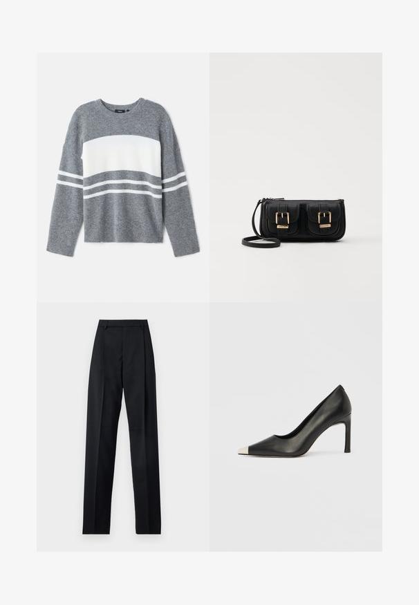 Gray sweater with a white horizontal stripe, featuring ribbed cuffs and a round neckline. Made of soft textured material.; Black trousers made from smooth fabric featuring a high waist, wide legs, front pleats, and classic belt loops. No side pockets visible.; Black leather high heel shoe with a pointed toe and a metallic silver cap. Features a smooth finish and a slender 10 cm heel.; Black leather crossbody bag with two front pockets, gold buckles, zipper closure, and a slim strap. Textured surface and compact rectangular shape.