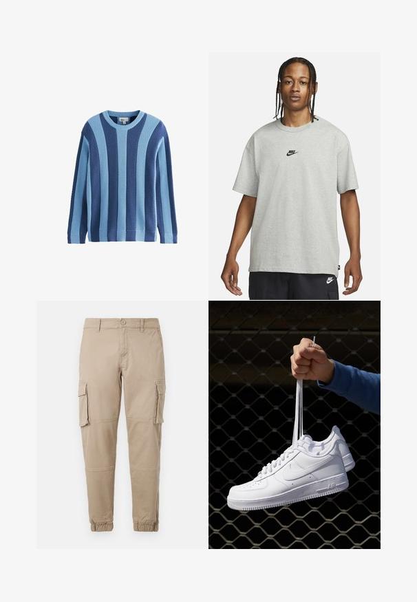 Knitted sweater featuring alternating textures in light and dark blue, with a round neckline and ribbed cuffs and hem.; Young person with braided hair wearing a light gray Nike T-shirt and black Nike shorts against a plain white background.; Beige cargo pants in a lightweight cotton material. Features elastic cuffs, multiple side pockets, and a button closure.; White leather sneakers with perforations, round toe, flat sole, and thick laces, featuring a visible swoosh logo and "AIR" on the heel.