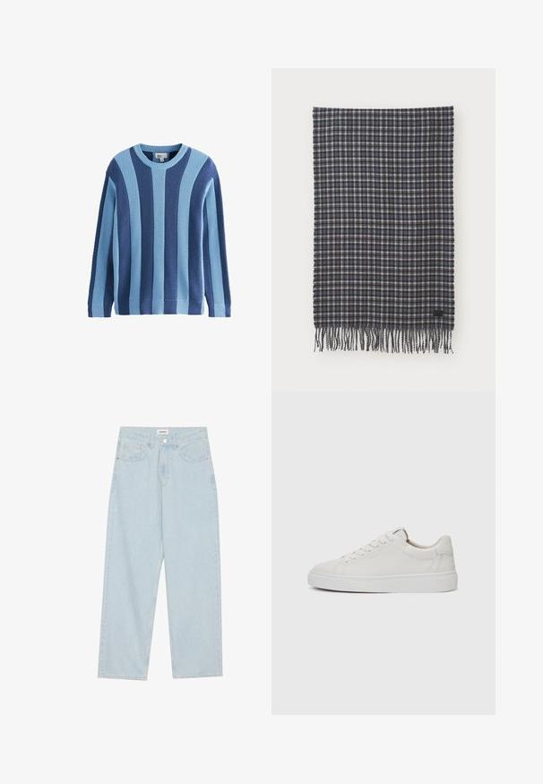 Maglione lavorato a maglia con texture alternate in blu chiaro e blu scuro, colletto rotondo e polsini e orlo a coste.; Jeans azzurri a gamba larga in denim, con vita media, cinque tasche e chiusura con bottone accompagnata da un sottile accento metallico.; Sneakers bianchi in pelle, modello low-top, con punta rotonda, suola piatta in gomma bianca e dettagli di cucitura minimalista. Lacci fissati attraverso sei occhielli.; Sciarpa in lana intrecciata in plaid blu scuro e crema, con bordo frangiato e un piccolo etichetta nera come dettaglio. Texture morbida con forma rettangolare.