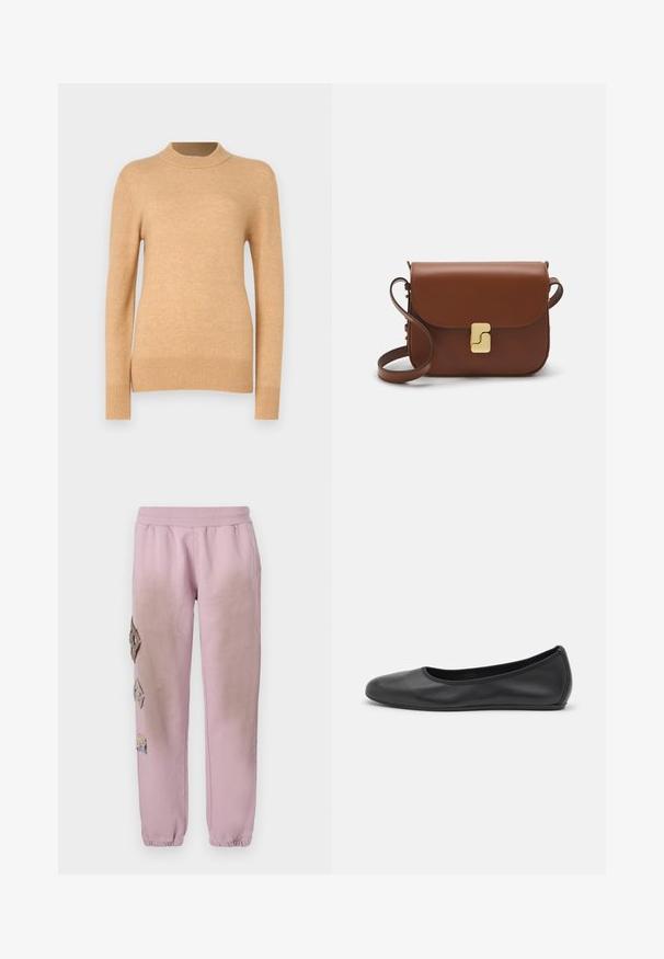Šviesiai rudas megztinis su ilgomis rankovėmis ir aukšta, raštuota apykakle. Savybėms priskiriamos raštuotos rankogaliai ir apačia, lygus paviršius bei prigludusi forma.; Balta trumpa rankovėmis marškinėliai, pagaminti iš pasiruošusio audinio. Apvali iškirptė, reguliari tinkamumas ir subtilūs siuvimo detalės. Be raštų ar grafikos.; Rožinės sportinės kelnės su elastinga juosta, kairėje pusėje dekoruotos rombo formos aplikacijomis ir elastingais užkulniais.; Juodai odiniai baletai su apvaliu pirštu, lygi texture, minimalus siuvimo detales ir lanksčiu padų dizainu.; Ruda odinė rankinė su uždaromu dangteliu, aukso spalvos detalėmis, petneša ir lygiu paviršiumi. Kompaktiška stačiakampio formos.
