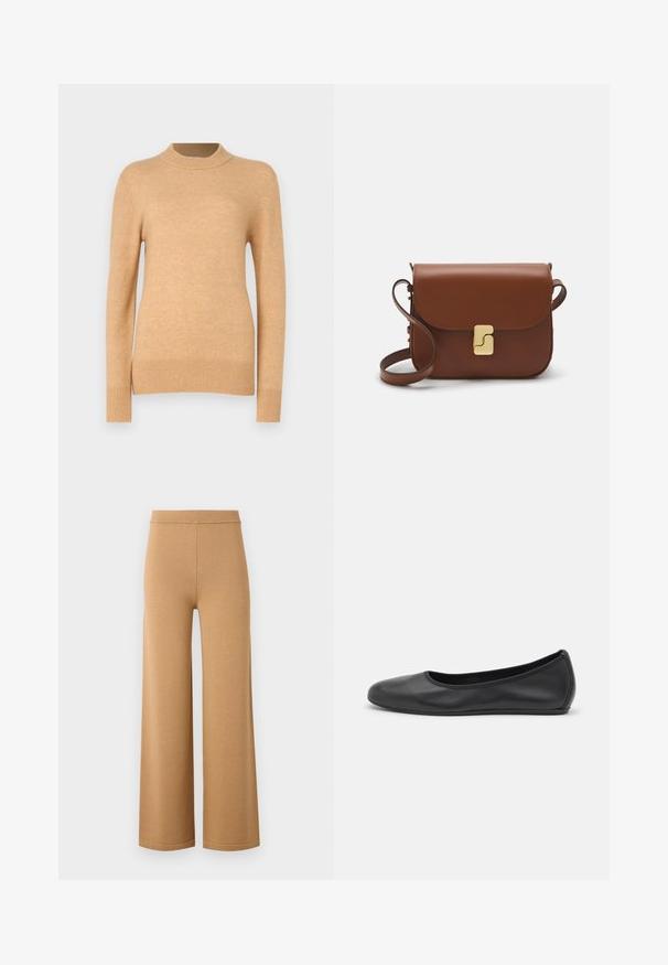 Beiger Strickpullover mit langen Ärmeln und einem hohen, gerippten Kragen. Verfügt über gerippte Bündchen und einen Saum, glatte Textur und eine taillierte Passform.; Helle, weite Beigefarbene Hosen aus einem weichen, dehnbaren Stoff, mit einem hohen elastischen Taillenbund und klaren, einfachen Nähten.; Schwarze Leder-Ballettschuhe mit abgerundeter Spitze, glatter Textur, minimalen Nähdetails und einem flexiblen Sohlen-Design.; Braune Ledertasche mit Klappenverschluss, Beschlägen in Goldfarbe, einem Schultergurt und einer glatten Oberfläche. Kompakte rechteckige Form.