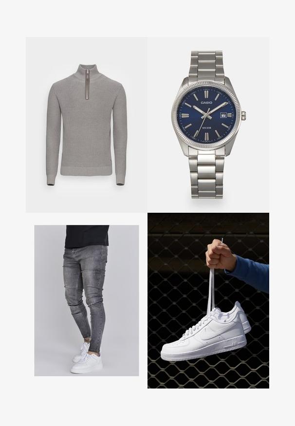 Hallgreyne kootud sviiter kõrge kaelusega ja poole tõmblukuga. Omab tekstuurilist mustrit ning soonikuid mansetidel ja äärel, et saavutada sobiv välimus.; Kitsad teksad tuhmhall denimil, millel on kulunud detailid põlvedes, koos valgete tossudega. Sile tekstuur, kitsas lõige.; Valged nahast tennisetossud, millel on perforatsioonid, ümar nina, lame tallus ja paksud nöörid, nähtava swooshi logoga ja "AIR" kontsadel.; Hõbedane roostevabast terasest käekell, tumesinise lõpliku, metallsete tuntud numbrite ja kuupäevanäidikuga kell 3 juures. Veekindel kuni 50 meetrit.