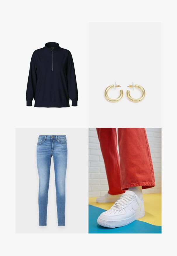 Mornarska dukserica s visokim ovratnikom, prednjim zatvaračem do pola i raglan rukavima. Mekan materijal s opuštenim krojem i rebrastim rukavima.; Uske slim-fit svijetloplave teksas traperice s srednjim strukom, prednjim gumbom i dizajnom s pet džepova.; Bijele kožne tenisice s perforiranim prednjim dijelom, teksturiranim đonom i bijelim vezicama, u kombinaciji s širokim crvenim hlačama i plavo-žutom pozadinom.; Zlatne kružne naušnice s glatkom, sjajnom završnom obradom. Kružni dizajn s malom potporom i prozirnom podlogom za sigurno nošenje.