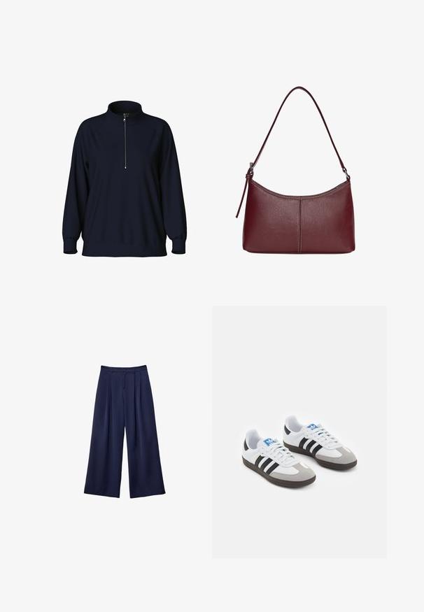 Námořnický pulover se stojáčkem, polovičním zipem a raglánovými rukávy. Měkká tkanina s volným střihem a ribbovými manžetami.; Námorně modré kalhoty s širokými nohavicemi, s plisovaním, knoflíkovým páskem a poutky na opasek, zobrazené položené na bílé pozadí.; Sportovní boty s bílým koženým svrškem, šedou semišovou špičkou a třemi černými pruhy. Obsahují modré logo na jazyku a texturovanou gumovou podrážku.; Vínová kožená kabelka s zakřiveným tvarem, jediným ramenním popruhem a prošíváním ve středu. Hladký povrch, minimální kovové prvky.