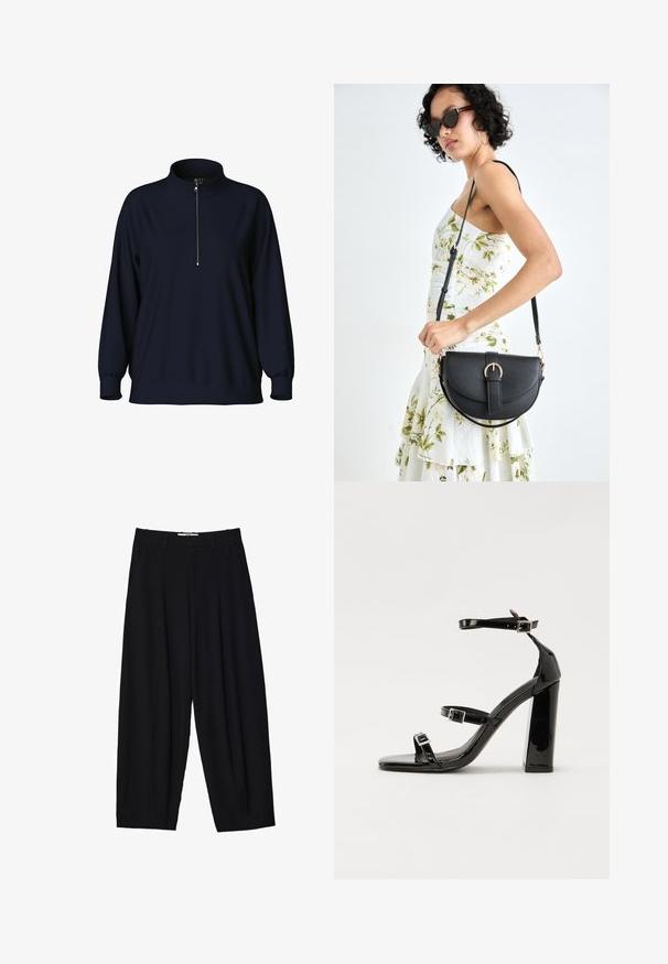 Felpa blu navy con colletto alto, apertura a zip a metà davanti e maniche raglan. Tessuto morbido con una vestibilità comoda e polsini a coste.; Pantaloni a gamba larga neri realizzati in tessuto leggero, con pieghe frontali, una vita classica e tasche laterali. Tessuto morbido.; Sandali con tacco alto in vernice nera con due cinturini con fibbia, punta quadrata e tacco spesso a blocco, caratterizzati da una texture liscia e lucida.; Borsa a tracolla nera in pelle con una forma curva, manico rimovibile e accessori dorati. La borsa presenta una patta con un dettaglio a fibbia.