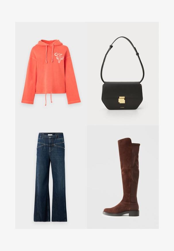 Koronkowa, skrócona bluza z kapturem w kolorze koralowym, wykonana z miękkiego materiału, z kapturem na sznurku, długimi rękawami z mankietami oraz grafiką kaktusa z przodu.; Spodnie typu wide-leg z ciemnoniebieskiego denimu, z wysokim stanem, dwiema przednimi kieszeniami i kontrastowymi przeszyciami.; Wysoki brązowy zamszowy i materiałowy but z niskim czarnym obcasem i zaokrąglonym noskiem, przedstawiony w widoku bocznym na jednolitym białym tle.; CLOSED - Torba na ramię