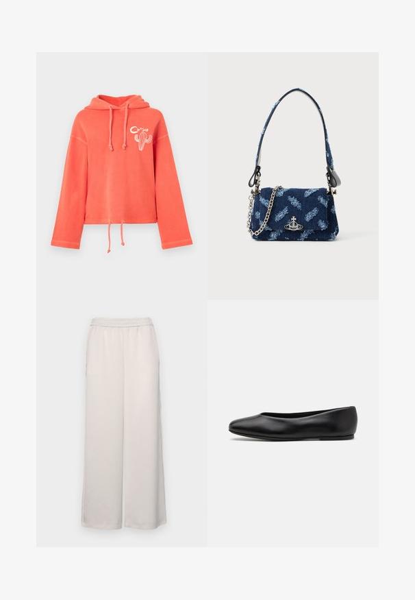Korallfarbener kurzer Hoodie aus weichem Stoff, mit verstellbarem Kapuzenzug, langen, gesäumten Ärmeln und einem Kakteen-Design auf der Vorderseite.; Helle beige, weite Hose mit elastischem Bund. Glattes Material, lange Länge, ohne sichtbare Verzierungen oder Muster.; Paul Smith TOPANGA - Klassischer Ballerina - black; Navyblaues Stoffhandtasche mit strukturiertem Design, silbernen Beschlägen und abnehmbarem Kettenträger. Besitzt einen Klappenverschluss und ein Logo-Detail.