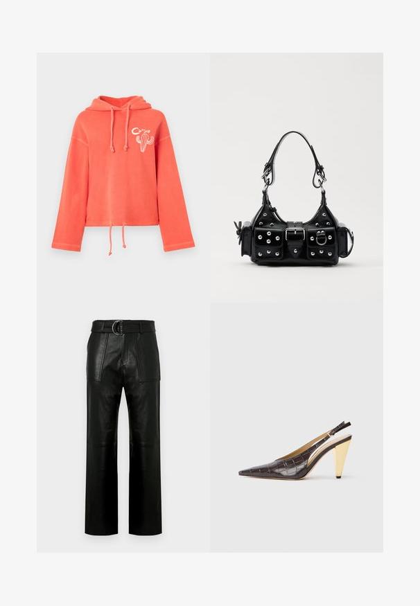Koronkowa, skrócona bluza z kapturem w kolorze koralowym, wykonana z miękkiego materiału, z kapturem na sznurku, długimi rękawami z mankietami oraz grafiką kaktusa z przodu.; Czarne skórzane spodnie z wysokim stanem, szerokimi nogawkami, dużymi przednimi kieszeniami i dopasowanym paskiem z podwójną klamrą.; Sandały na obcasie z przeszyciem w ciemnym brązowym lakierowanym faux krokodyle. Posiadają złoty geometrzyczny obcas oraz regulowany pasek wokół kostki.; Czarna skórzana torebka w zakrzywionym kształcie, z srebrnymi ćwiekami, klamrą i dwoma bocznymi kieszeniami. Regulowany pasek umożliwiający różne opcje noszenia.