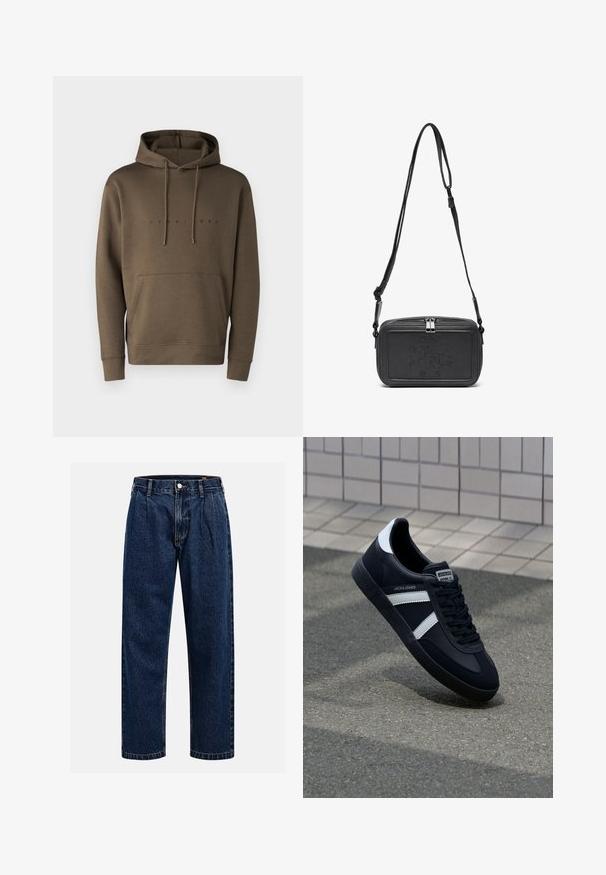 Hanorac maro cu glugă, cu șnururi de ajustare, buzunar frontal tip kangaroo și un logo imprimat de culoare neagră pe piept. Textură moale a materialului.; Jeans din denim albastru închis cu un design drept. Prezintă cusături vizibile, închidere cu buton și pliuri frontale pentru un detaliu suplimentar.; Sneaker din piele neagră cu dungi albe, talpă din cauciuc texturat și șireturi. Prezintă un eticheta de marcă pe limbă.; Geantă din piele neagră, tip crossbody, cu închidere cu fermoar, logo embosat pe față și curea ajustabilă. Textură netedă și formă rectangulară.