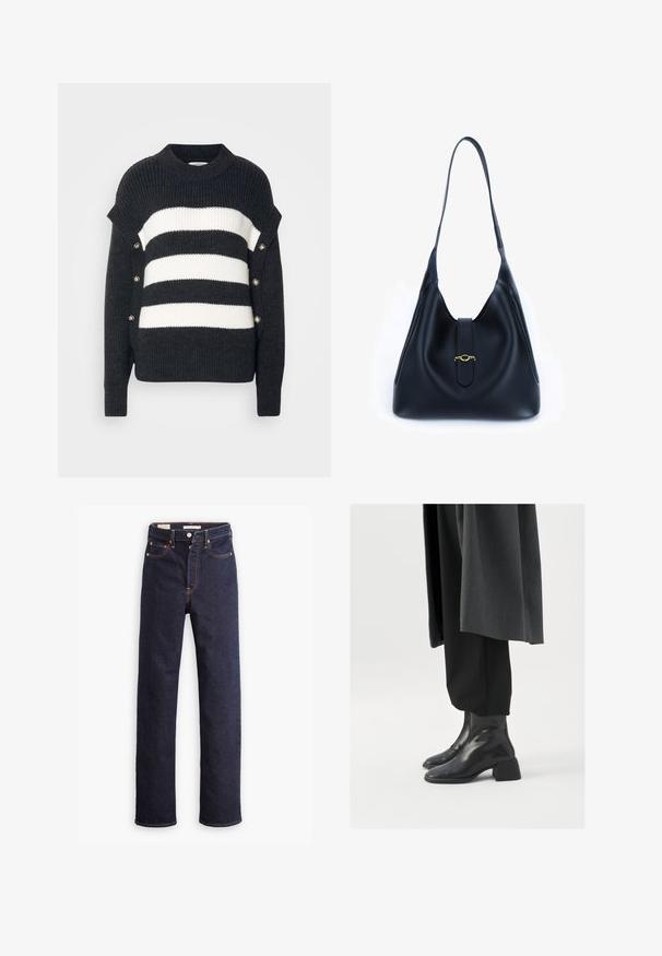 Melnā un baltā svītrainā džemperī ar ribotu tekstūru, ar augstu kaklu un dekoratīvām pogām sānos.; Jūras flotes turtlenecks ar gariem piedurknēm. Izgatavots no mīksta auduma ar gludu tekstūru. Iezīmēts ar pieguļošu dizainu un augstu apkakli bez redzamām šuvēm.; Tumši zilie taisni džinsi ar piecām kabatām un redzamu oranžu šuvumu uz baltas fona.; Melnas ādas potīšu zābaki ar kvadrātu purngalu un masīnu papēdi, valkāti ar brīvām melnām biksēm un tumši pelēku mēteli. Gluda virsmas tekstūra.; Melnas ādas rokassomi ar mīkstu, brīvu dizainu. Iezīmēta ar plakanu siksnu un centrālu aizdari, kas dekorēta ar zelta akcentu.