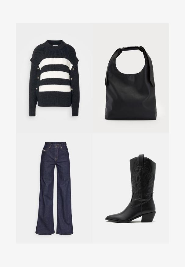 Maglione a righe bianche e nere con una texture a coste, caratterizzato da un collo alto e dettagli decorativi con bottoni sui lati.; Jeans a gamba larga di denim blu scuro con vita alta, caratterizzati da cuciture arancioni, design a cinque tasche e chiusura con bottone.; Stivale da cowboy in pelle nera con punta affusolata, motivi ondulati in rilievo e tacco di altezza media. Dotato di un pratico passante per indossarlo facilmente.; Borsa hobo in pelle nera con un manico unico, morbido e arrotondato; presenta una texture liscia e un design minimalista. Nessun hardware o accenti visibili.; Orecchini a cerchio in argento con un design minimalista. Forma circolare, superficie liscia e profilo sottile. Leggeri con una finitura lucida.