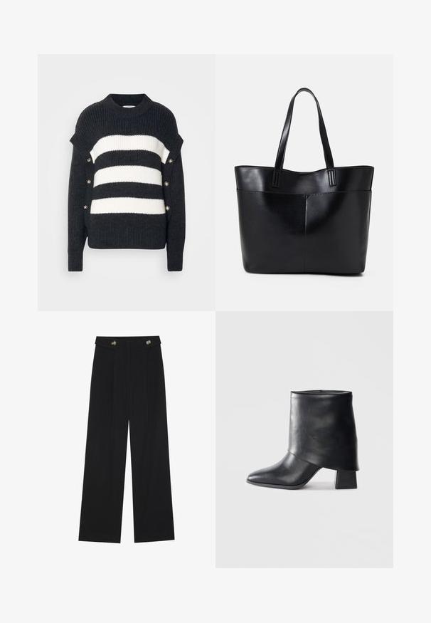 Mustvalge triibuline kampsun, millel on ribakujuline tekstuur, kõrge kaelus ja dekoratiivsed nööbid külgedel.; Mustad laiad püksid kõrge vöökoha ja nööpdetailidega vööandil, esikortsudega.; Mustad nahast pahkluuring, millel on terav varvas, sile tekstuur ja struktureeritud plokknakk. Omab kõrget, volditud suud.; Must mustaga musta nahast, millel on kaks pikka kanda, sile tekstuur ja struktureeritud kuju. Esipoolsel on lisakoti jaoks tasku.