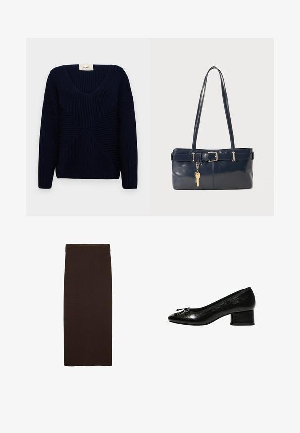 Náměsíčná modrá pletená svetr s véčkovým výstřihem, který se vyznačuje texturovanými žebrovanými vzory a geometrickým designem podél přední části.; Hnědá pletená midi sukně s těsným střihem, hladkou texturou, bez viditelných vzorů a jednoduchým, čistým designem bez ozdob.; Černé lakované lodičky s kulatou špičkou, malým blokovým podpatkem a mašlí na přední části. Hladký povrch s lesklým finišem.; Námořnická kožená kabelka s dvěma dlouhými uchy, detaily s přezkou a připevněným klíčenkou. Vyznačuje se hladkým povrchem a obdélníkovým tvarem.