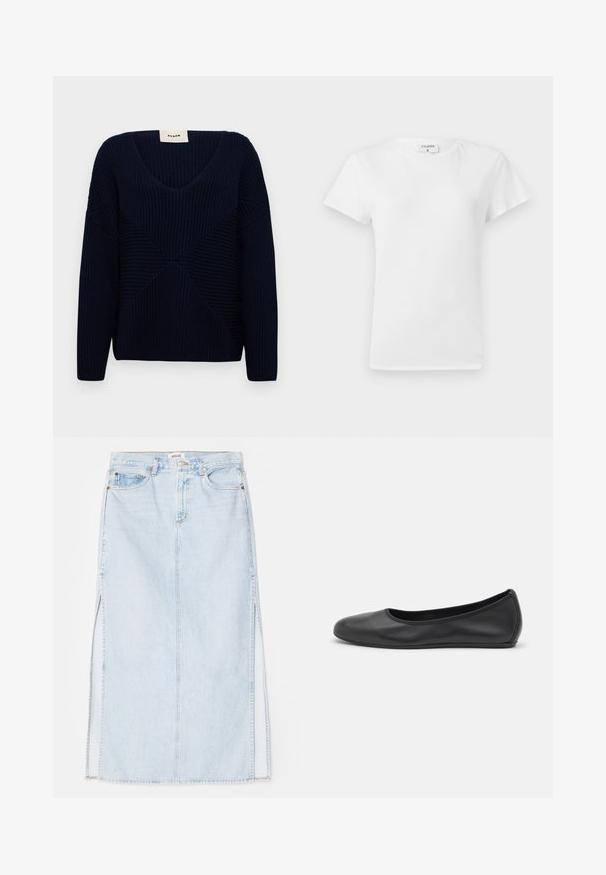 Navy blue knitted sweater with a V-neck, featuring textured ribbed patterns and geometric design detailing across the front.; White cotton t-shirt with a crew neckline and short sleeves, featuring a relaxed fit and minimalistic design. Tag visible at the neck.; Light blue denim maxi skirt with a straight cut, featuring side slits and five-pocket design. Prominent stitching and metal button closure.; Black leather ballet flat with a rounded toe, smooth texture, minimal stitching detail, and a flexible sole design.