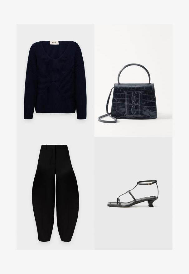 Tumši zils adīts džemperis ar V veida kakla izgriezumu, kas piedāvā teksturētus ribu rakstus un ģeometriskas dizaina detaļas priekšpusē.; Melnbra plaša kāju bikses ar augstu jostasvietu, gludu priekšpusi un sašaurinātiem potītes daļām. Izgatavotas no gludas auduma ar matētu apdari.; Melna ādas sandale ar kvadrātveida purngalu, plānām siksnām, regulējamu potītes siksnu un zemu papēdi. Iezīme ir neliela zelta akcenta detaļa uz siksnas.; Melnas krokodila rakstā izgatavota ādas rokassoma ar strukturētu dizainu, augšējo rokturi, regulējamu siksnu un izteiktu priekšējo logotipa detaļu.