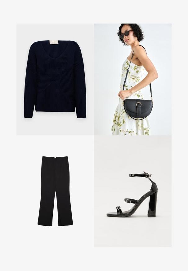Mornarsko plavi pleteni pulover s V-izrezom, s teksturiranim rebrastim uzorcima i geometrijskim detaljima na prednjem dijelu.; Crne hlače ravnog kroja, s prednjim džepovima i bočnim prorezima na rubu. Izrađene od mekog i glatkog materijala. Pogodne za razne prigode.; Crne lakirane sandale na pete sa kvadratnim nosom, trakama oko gležnja i srebrnim kopčama. Imaju čvrst blok petu za stabilnost.; Crna kožna torba s lukovitim oblikom, odvojivim remenom i zlatnim detaljima. Torba ima preklop s kopčom.