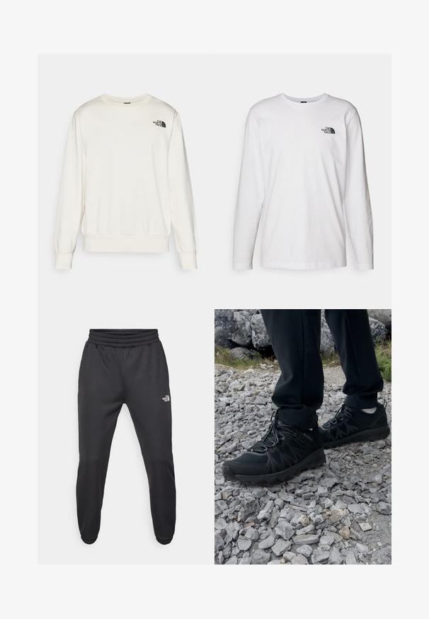 Valkoinen collegepaita, joka on valmistettu pehmeästä kankaasta. Paita on varustettu pyöreällä pääntiellä, pitkillä hihoilla, ribbireunuksilla ja mustalla logolla vasemmassa rinnassa.; Valkoinen pitkähihaisen T-paita, joka on valmistettu puuvillasta ja jossa on pyöreä kaula-aukko. Rintamuksessa on pieni musta logo. Sileä kangas, normaali malli.; Mustat collegehousut, joissa on nauhakuomu vyötäröllä, kapeneva fit, elastiset hihansuut ja pieni valkoinen logo vasemmassa reidessä, valmistettu sileästä kankaasta.; Mustat ulkokengät, joissa on verkko- ja synteettinen materiaali, teksturoitu päällinen, varma nauhoitusjärjestelmä ja kestävä pohja kivikkoisella maastolla.