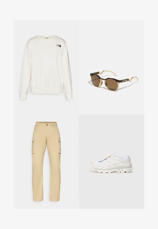 Hvid sweatshirt lavet af blødt stof, med rund hals, lange ærmer, ribbede manchetter og et sort logo på venstre bryst.; Beige cargo bukser med lige pasform, der har to sidelommer, en knaplukning og logo detalje på låret. Letvægtsstof.; Hvid sportssko med tekstureret mesh-overdel, reflekterende detaljer og en polstret sål. Bemærkelsesværdigt mærke-logo på siden.; Brune, runde solbriller med en skildpadde- og klar lysegul stel, kantede arme og struktureret detaljer på stængerne.