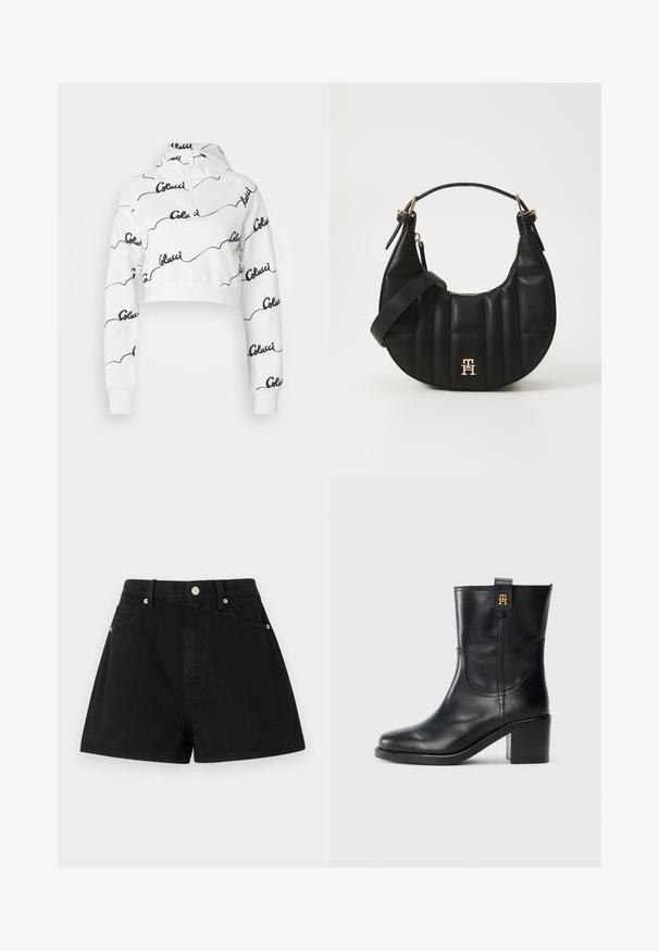 Hvit, kort hoodie laget av mykt stoff, med et svart skriptlogo-mønster over hele plagget. Inkluderer en hette med snøring og ribbestrikkede mansjetter.; Sorte denimshorts med høy midje, fem lommer, sølvfarget detaljer og standard passform, med en jevn tekstur og ren finish.; Sorte lærmidikalv støvler med blokkkilt og gull "TH" logo på drahank mot hvit bakgrunn.; Svart skinnhåndveske med en buet form, kviltet tekstur og gullhardware. Har en avtagbar skulderrem og logo-detaljer.