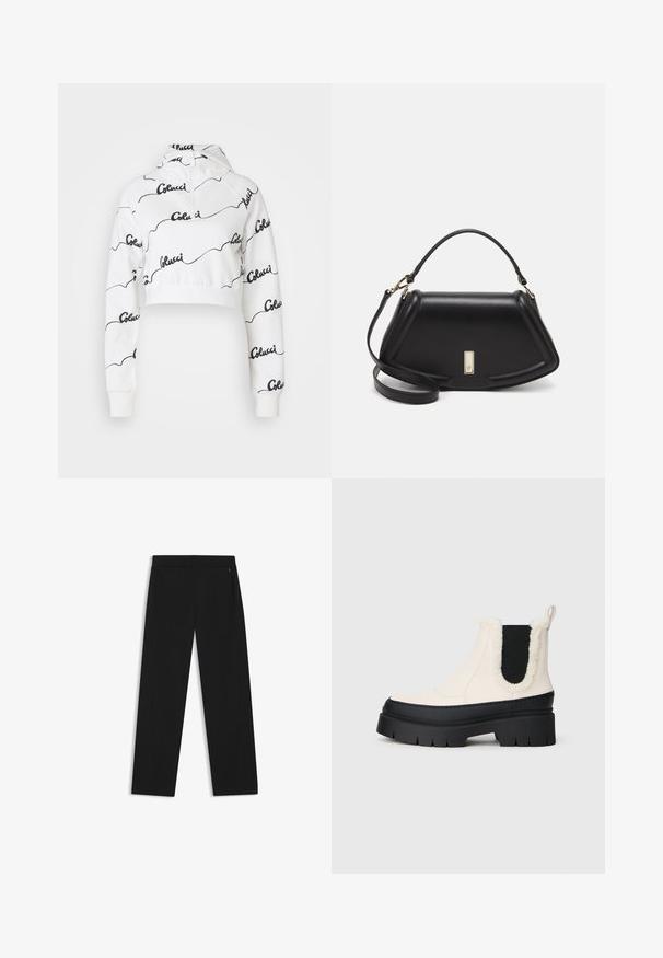 White cropped hoodie made of soft fabric, featuring a black script logo pattern throughout. Includes a drawstring hood and ribbed cuffs.; Black wide-leg trousers made of smooth fabric, featuring side pockets and a flat front waistband for a streamlined look.; Chunky platform ankle boots with a white upper, black rubber sole, and contrasting black elastic side panels. Faux fur trim at the top edge.; Black leather handbag with a structured design, featuring a cropped shape, top handle, and gold hardware accent. Adjustable shoulder strap included.
