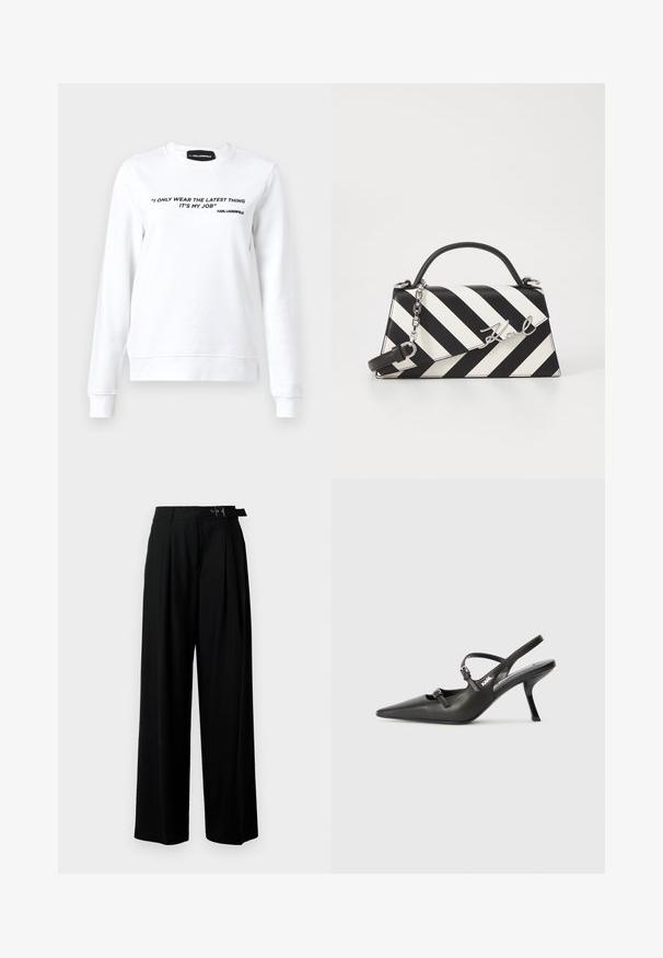 Hvit hettegenser i bomullsblanding, har lange ermer og rund hals. Svart tekst på forsiden leser: "JEG BRUKER BARE DET NYESTE DET ER JOBBEN MIN."; Svarte vide bukser med høy livlinje, folder foran og belte med spenne. Laget av glatt, lett materiale.; Sorte skinn slingback-hæler med spiss tå, slank hæl og dekorativ spenne detalj på vampsiden. Glatt tekstur og stilrent design.; Svart- og hvitstripet håndveske med en strukturert form, som har et topphåndtak, en avtakbar kjedestropp, og metallisk logo-akcent.