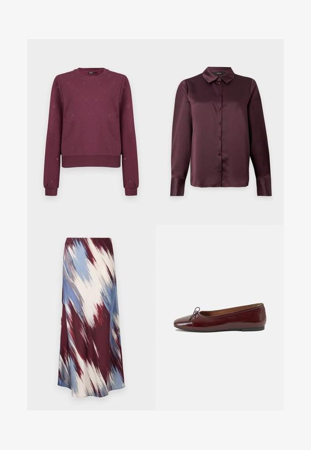 Bordowy sweter z okrągłym dekoltem, z małymi, subtelnymi wzorami serc, z prążkowanymi mankietami i dołem, wyeksponowany na jednolitym tle.; Burgundowa satynowa bluzka zapinana na guziki z klasycznym kołnierzykiem, długimi rękawami i gładką teksturą. Posiada zapięcie z przodu z dopasowanymi guzikami.; Długa spódnica z skośnym wzorem tie-dye w kolorach burgundowym, niebieskim i kremowym, wykonana z miękkiego materiału o płynnej sylwetce i delikatnym połysku.; Bordowe baleriny z lakierowanej skóry z zaokrąglonym noskiem, małą kokardką z przodu oraz niską, czarną gumową podeszwą. Gładka tekstura.