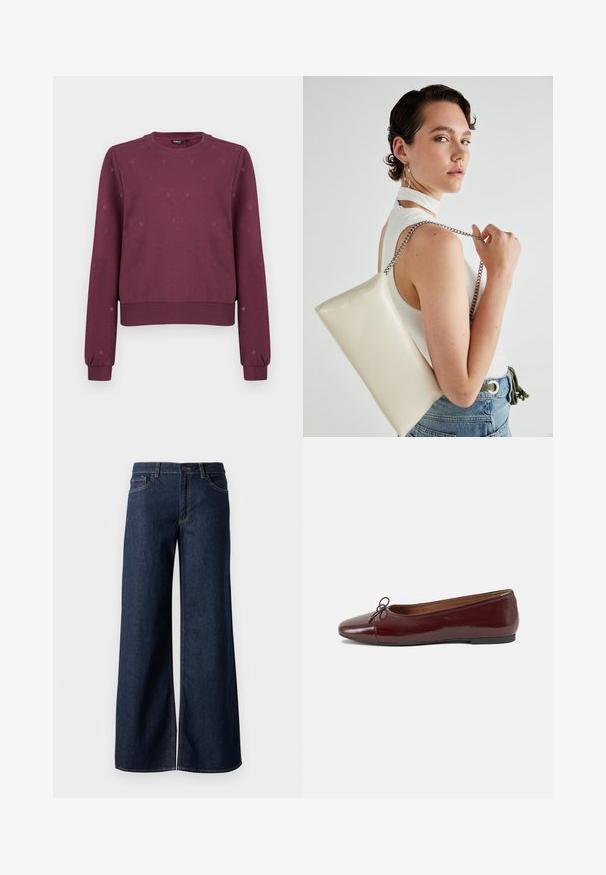Burgundy színű kerek nyakú pulóver, apró, diszkrét szívmintákkal, bordás mandzsettákkal és hem-es részen, egyszínű háttér előtt bemutatva.; Sötét kék farmer széles lábú nadrág. Kontrasztos varrással, öt zsebhálóval és gombos derékzárással rendelkezik. Simás textúra.; Burgundi lakkbőr balettcipő kerek orral, elöl kis masni díszítéssel és alacsony, fekete gumi talppal. Simára csiszolt felület.; Fehér, téglalap alakú, fényes anyagból készült clutch táska, ezüst láncos pánttal. A modell pózol, bemutatva a táskát egy egyszínű háttér előtt.