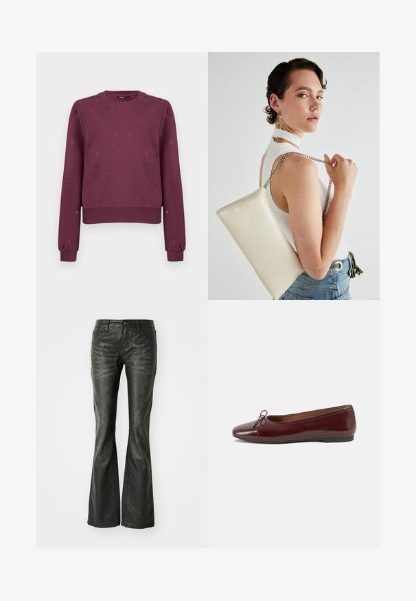 Burgunderfarget crewneck sweatshirt med små subtile hjerte mønstre, ribbestrikkede mansjetter og kant, vist på en ensfarget bakgrunn.; Sorte falske skinn flared jeans med frontlommer, metallknapplukking og en lett teksturert overflate. Rett ben med lang kutt.; Burgunderrød lakk lær ballettleilighet med rund tå, liten sløyfe foran og en lav, svart gummisåle. Glatt tekstur.; Hvit rektangulær clutch-veske laget av blankt materiale, med en sølvkjede-stropp. Modellen poserer og viser vesken mot en ensfarget bakgrunn.