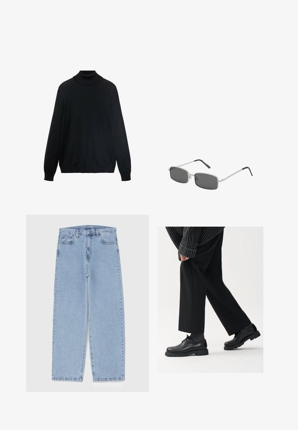 Schwarzer Rollkragenpullover mit engem Kragen, langen Ärmeln und gerippten Bündchen und Saum. Hergestellt aus weichem, dehnbarem Stoff mit glatter Textur.; Schwarzes Baumwoll-T-Shirt mit klassischem Rundhalsausschnitt, kurzen Ärmeln und lockerer Passform. Glatte Textur, keine Muster oder Verzierungen.; Hellblaue Jeans aus Denim mit geradem Bein, ausgestattet mit einer mittelhohen Taille, fünf Taschen sowie einem Knopf- und Reißverschluss.; Schwarze Lederschuhe mit einer runden Spitze, Schnürdesign und dicker, strukturierter Sohle. Getragen mit maßgeschneiderten schwarzen Hosen und einem gerippten Pullover.; Rechteckige Sonnenbrille mit dunkelgrauen Gläsern, dünnem silbernen Metallrahmen und schwarz gummierten Bügelspitzen. Minimalistisches Design.; Schwarz, strukturiert, Lederhandtasche mit geometrischem Muster, rechteckiger Form, oberem Reißverschluss und kurzem Tragegriff. Verfügt über ein Logo-Patch auf der Vorderseite.; Timex-Armbanduhr mit silbernem Zifferblatt, schwarzen Stundenmarkierungen und Stahlgehäuse. Sie verfügt über ein strukturiertes schwarzes Lederarmband. Einfaches, elegantes Design.