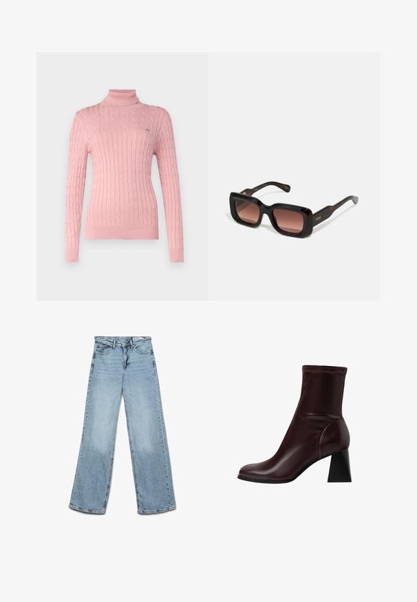 GANT TURTLENECK - Pullover - dusty pink; Jean large bleu clair, en denim, avec un design classique à cinq poches et une coupe droite avec un délavage minimal sur les jambes.; Stradivarius BLOCK - Bottines - dark red; Lunettes de soleil rectangulaires avec des montures en écaille de tortue foncée, des verres bruns dégradés et un logo doré sur les branches. Texture lisse, design audacieux.
