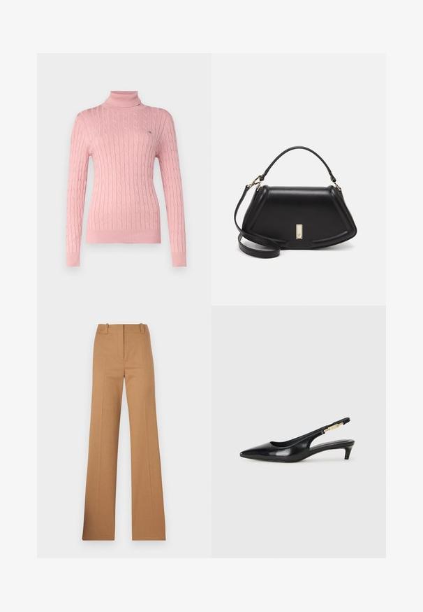 GANT TURTLENECK - Maglione - dusty pink; HUGO HULANA - Chino - open brown; Tacchi slingback in pelle nera con punta affusolata, caratterizzati da un tacco alto e un accento dorato sulla cinghia regolabile. Texture liscia.; Borsa a mano in pelle nera con un design strutturato, caratterizzata da una forma corta, manico superiore e accessori in metallo dorato. Inclusa tracolla regolabile.
