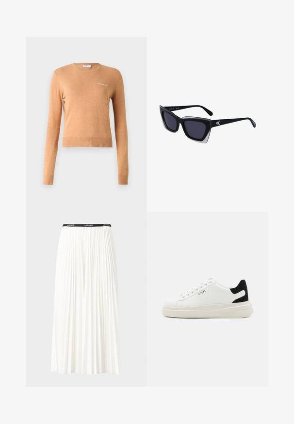 Maglione a maniche lunghe di colore marrone chiaro, con orlo e polsini a coste, e un piccolo logo bianco sul petto. Texture morbida e liscia.; Gonna bianca plissettata con elastico nero in vita che presenta il logo "LACOSTE". Design di lunghezza media con texture morbida.; Sneaker bianchi in pelle con suola spessa bianca, accento in suede nero sul tallone e logo impresso sul lato. Design con lacci e sei fori per i lacci.; Occhiali da sole oversize neri dalla forma geometrica, con lenti scure e un dettaglio grigio a contrasto sulla montatura. Logo sul braccio.