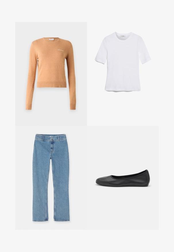 Sveter s dlhým rukávom v svetlo hnedej farbe, s rebrovaným lemom a manžetami, s malým bielym logom na hrudi. Mäkka, hladká textúra.; Biela krátka tričko s krátkymi rukávmi vyrobené z rebrovanej látky. Klasický okrúhly výstrih, bežný strih a jemné švy. Bez vzorov alebo grafiky.; Svetlo modré džínsy s rovnými nohavicami, zapínanie na gombík a zips, pútka na opasok a klasické stehy na bielom pozadí.; Čierne kožené baleríny s okrúhlou špičkou, hladkým povrchom, minimálnym prešívaním a flexibilným dizajnom podrážky.