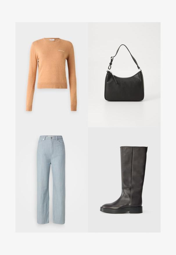 Pulover cu mânecă lungă, de culoare maro deschis, cu tiv și manșete cu model canalat, având un mic logo alb pe piept. Textură moale și netedă.; Jeans drepti de culoare bleu deschis, din denim. Prezintă cinci buzunare, un închizător metalic și o ușoară decolorare pentru textură.; Botină din piele neagră, până la genunchi, cu talpă groasă și logo subtil Calvin Klein aproape de marginea superioară, prezentată din lateral.; Geantă de mână din piele neagră, cu o formă curbată, curea unică, închidere cu fermoar și un branding subtil pe față. Textură fină, design minimalist.
