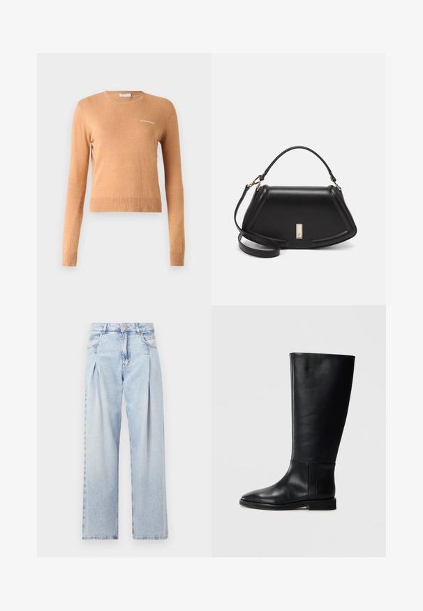 Langermet genser i lys brun, med ribbestrikket hem og mansjetter, samt en liten hvit logo på brystet. Myk, glatt tekstur.; Lyseblå denimjeans med høy livlinje, vide ben, to sidelommer og plisserte detaljer. Myk tekstur med en falmet finish.; Sorte skinnhøye støvler med rund tå, glatt tekstur, minimalistisk design og flat såle. Enkle sømdetaljer på skaftet.; Sort lærveske med en strukturert design, som har en avkortet form, topphåndtak og detaljer i gull. Justerbar skulderstropp inkludert.