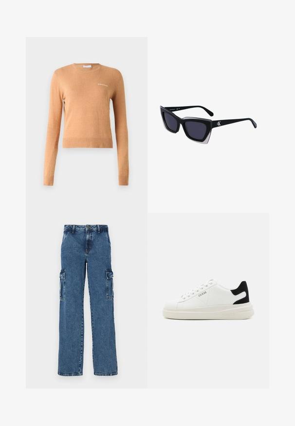 Langærmet sweater i lys brun, med ribbet kant og manchetter, samt et lille hvidt logo på brystet. Blød, glat tekstur.; Blå denim cargo bukser med en afslappet pasform, der har to sidelommer, forstærket syning og et lige ben-design.; Hvide lædersneakers med en tyk hvid sål, sort ruskindhælvægt og prægede logoer på siden. Snørebåndsdesign med seks øjer.; Store sorte oversized solbriller med geometrisk form, med mørke linser og en kontrasterende grå detalje på stellet. Logo på armen.