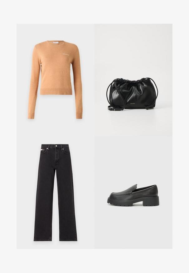 Long-sleeve sweater in light brown, featuring a ribbed hem and cuffs, with a small white logo on the chest. Soft, smooth texture.; Black wide-leg jeans made of denim, featuring a high-rise waist, five-pocket styling, and a metal button closure with contrasting stitching.; Black leather loafers with a rounded toe, thick textured sole, and minimal stitching details. Sleek design with no visible laces or hardware.; Black leather handbag with gathered design, dual drawstring closure, and detachable shoulder strap. Features metallic logo detail.