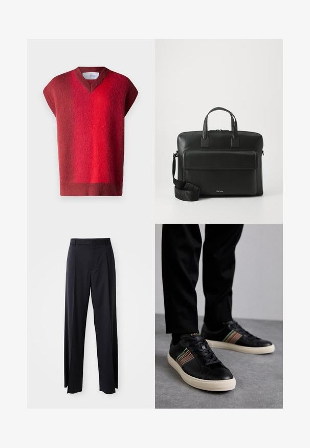 Piros, rövid ujjú pulóver V-kivágással. Puha textúra, sötétből világos vörös színátmenettel. Minimalista dizájn, látható hardver nélkül.; Fekete, magasan ültetett nadrág, széles szárai vannak, sima anyagból készült. Elülső redők és övhurkok jellemzik. Minimalista dizájn, látható fémalkatrészek nélkül.; Fekete bőr sportcipők színes csíkozással, kerek orral és fehér gumitalppal, fűzős kialakítással és dombornyomott logóval.; Fekete bőr aktatáska kettős felső fogantyúkkal, elülső zsebbel és levehető pánttal, az alján diszkrét logóval.