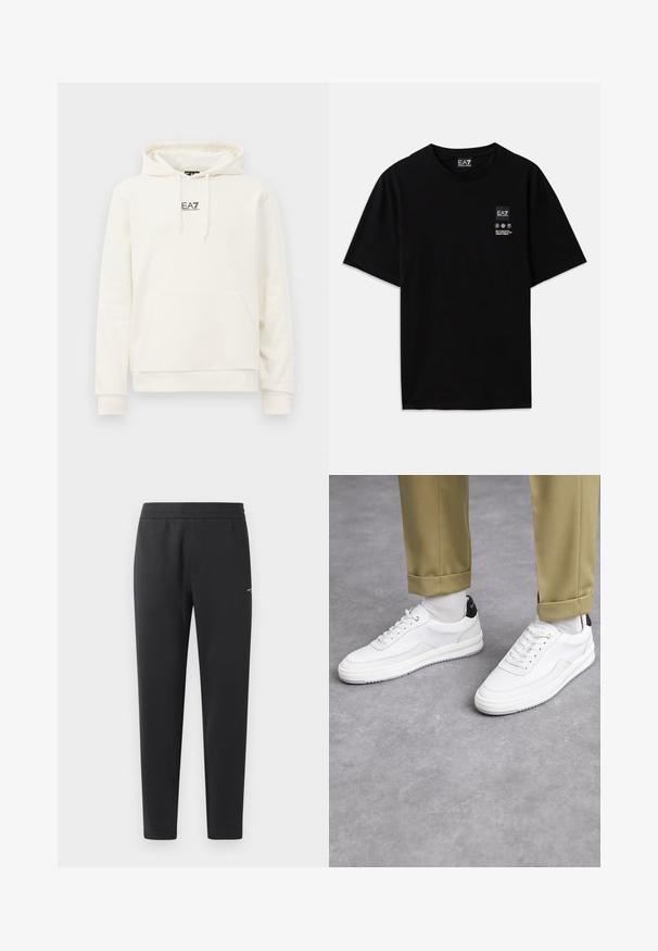 Hoodie crema con tasca frontale, cappuccio con cordini e piccolo logo nero "EA7 Emporio Armani" al centro del petto.; T-shirt nera in cotone con maniche corte, collo a giro e un piccolo etichetta con logo sul davanti che presenta simboli di cura bianchi.; Pantaloni jogger neri realizzati in tessuto morbido, con vita elasticizzata, gambe dritte e un piccolo logo sulla parte laterale.; Sneaker bianchi con finitura in pelle testurizzata, punta arrotondata e accentuazione nera sul tallone. Suola in gomma con piccolo motivo di battistrada e dettagli cuciti.