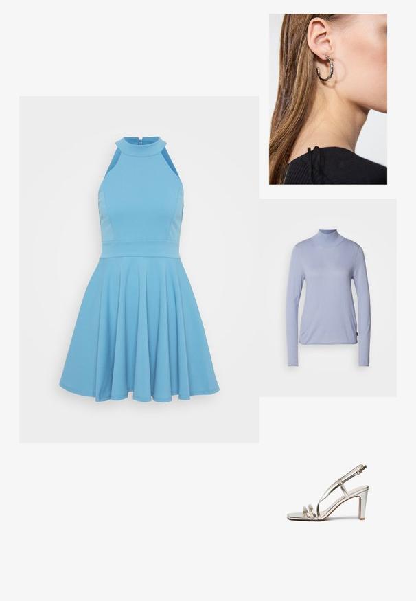 Top de gola alta de manga longa em azul claro, feito de um tecido suave, apresentando um design ajustado e uma textura suave. Estilo minimalista sem padrões.; Vestido sem mangas azul claro com decote alto, corpete ajustado e saia rodada. Feito de um tecido suave com um design plissado.; Sandal de salto alto prateado metálico com biqueira aberta, apresentando três tiras finas sobre o pé e uma tira no tornozelo com fivela.; Bolsa de mão metálica dourada com uma textura suave, apresentando um fecho em aba triangular. A mão que a segura tem unhas bem cuidadas.; Brinco de argola prateada com acabamento polido, apresentando pequenos detalhes em dourado e uma forma redonda, usado na orelha.