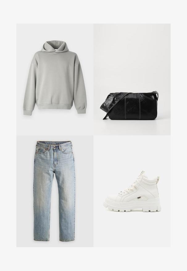 Light gray hoodie with a relaxed fit, oversized hood, long sleeves, and ribbed cuffs and hem. Smooth fabric without patterns or accents.; Light blue denim jeans with high waist, front button, zipper, and five-pocket design, laid flat on a neutral background.; White ankle-high sneakers with a textured finish, thick rubber sole, and padded collar. Features lace-up design and a logo accent.; Black leather shoulder bag with a zip closure, featuring a textured body, white stitching, and a strap with silver grommets.