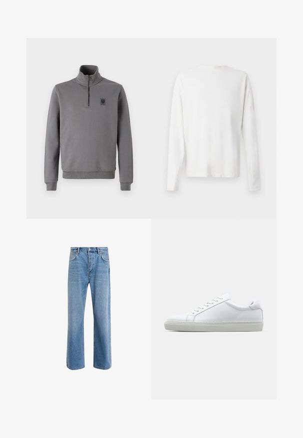 Šedý svetr s vysokým límcem, polovičním zipem na přední části, žebrovanými manžetami a lemem, a malou nášivkou s logem na hrudi. Měkká textilie.; Bílá bavlněná košile s dlouhým rukávem a kulatým výstřihem, s bočními rozparky na spodní části a hladkým povrchem, vystavená zezadu.; Světle modré džínové kalhoty s rovnými nohavicemi, pěti kapsami, zapínáním na knoflík, minimálním vyblednutím a kontrastním prošitím.; Bílé tenisky s hladkým koženým svrškem a nízkým profilem. Mají zaoblenou špičku, šest nýtů a texturovanou gumovou podrážku.