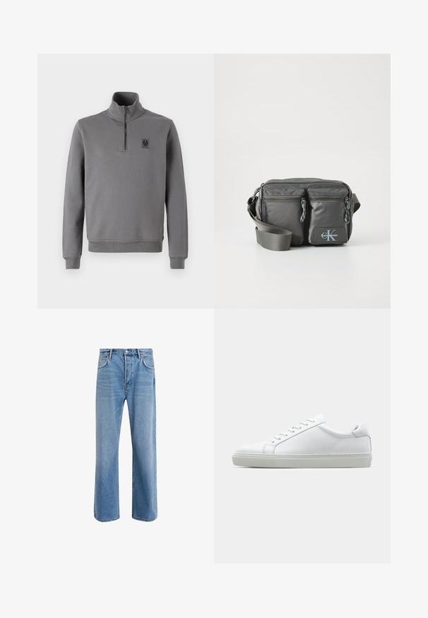 Szürke pulóver kapucnis felső, magas gallérral, félig cipzáros elejével, bordás mandzsettákkal és szegéllyel, valamint egy kisebb logóval a mellrészen. Puha szövettextúra.; Világoskék farmernadrág, egyenes szárú fazonnal, öt zsebbel, gombos záródással, minimális kopással és kontrasztos varrással.; Fehér sportcipő sima bőr felső résszel és alacsony profilsal. Kerek orr, hat fűzőlyuk és barázdált gumitalp jellemzi.; Szürke nylon keresztpántos táska két cipzáras elülső zsebbel, állítható pánttal és logó kiemeléssel. Simaság jellemzi, modern dizájnnal.