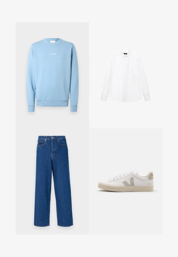 Lichtblauwe sweater van zachte stof, met een ronde hals, geribbelde manchetten en de tekst "LES DEUX" in het wit op de borst.; Witte overhemd met lange mouwen, voorzien van een button-down kraag, knopen aan de voorkant, rechte zoom en zachte katoenen stof. Minimalistisch ontwerp zonder patronen.; Wijde blauwe jeans gemaakt van denim, met een hoge taille, een vijf-pocket ontwerp en contrasterende stiksels langs de naden en zakken.; Witte leren sneaker met beige accenten, platte rubberen zool, ronde neus en contrasterend logo aan de zijkant en achterkant. Vetersluiting.