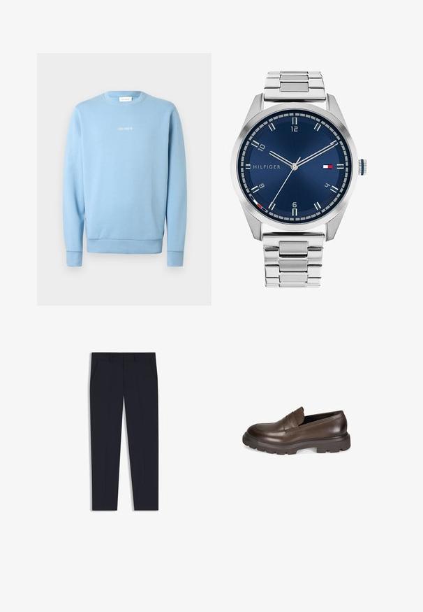 Lichtblauwe sweater van zachte stof, met een ronde hals, geribbelde manchetten en de tekst "LES DEUX" in het wit op de borst.; Marineblauwe broek met een getailleerde pasvorm, voorzien van twee voorkruiden, een vlakke voorkant en een gladde textuur. Geen zichtbare patronen of versieringen.; Desa Instappers - brown; Zilveren metalen horloge met een geborstelde blauwe wijzerplaat, witte uurmarkeringen en een datumweergave. Voorzien van een geschakelde metalen band en het logo van het merk.